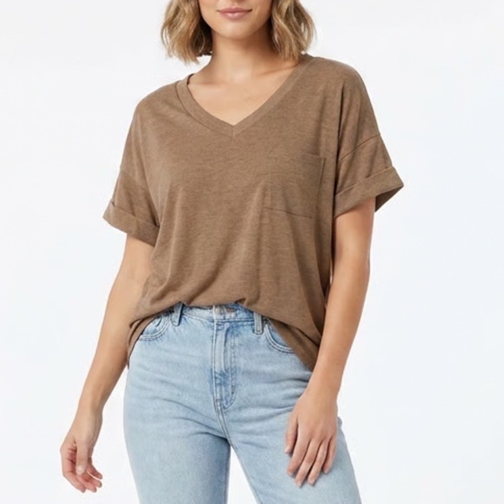 Miholl Womens XXL V-Neck Pocket Tee Short Sleeve Heather Brown Relaxed Fit Shirt